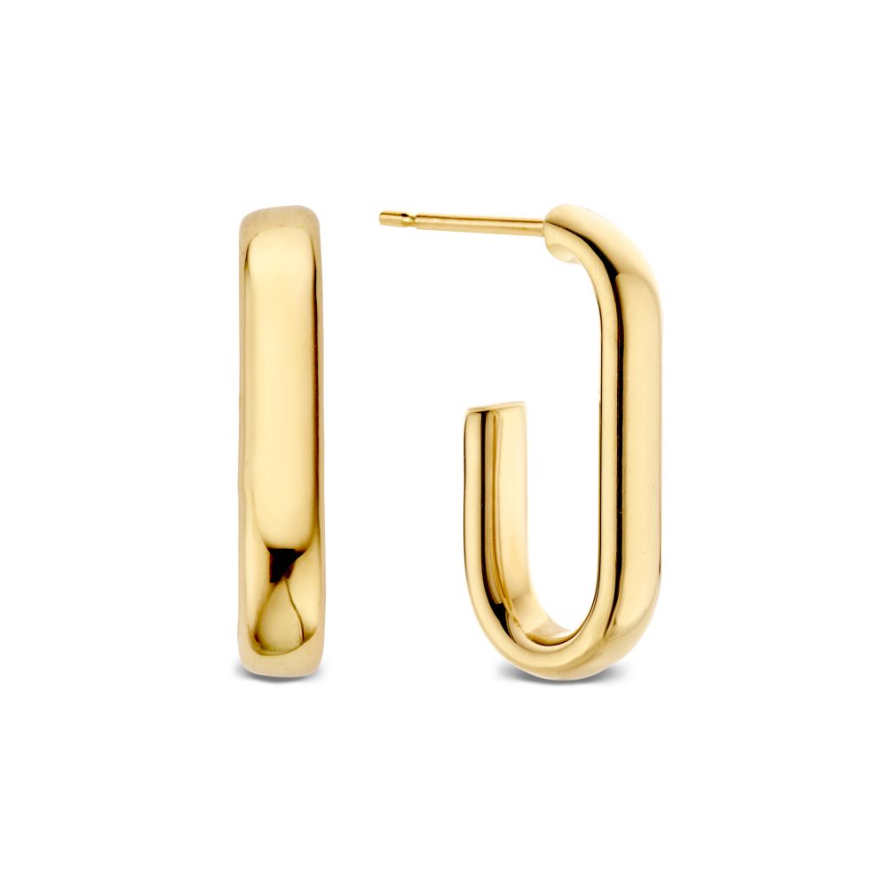 Orecchini in oro giallo 14K con design ovale, dimensioni 21mm x 4mm.