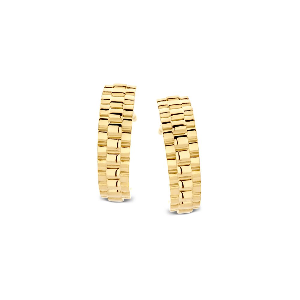 Orecchini in oro giallo con design a maglia rolò, forma curva e finitura lucida.