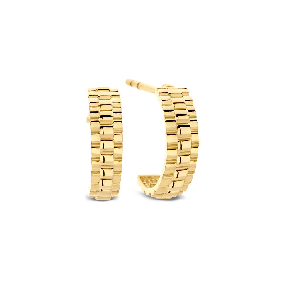 Orecchini a lobo in oro giallo con 'maglia Rolex' – Orecchini eleganti e raffinati - Van der Kooij
