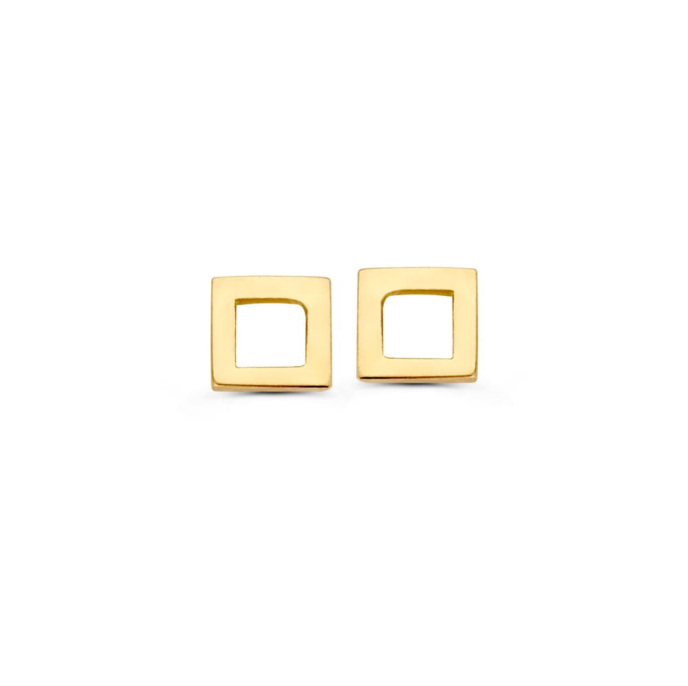 Orecchini in oro giallo con design quadrato, finitura lucida e forma geometrica.