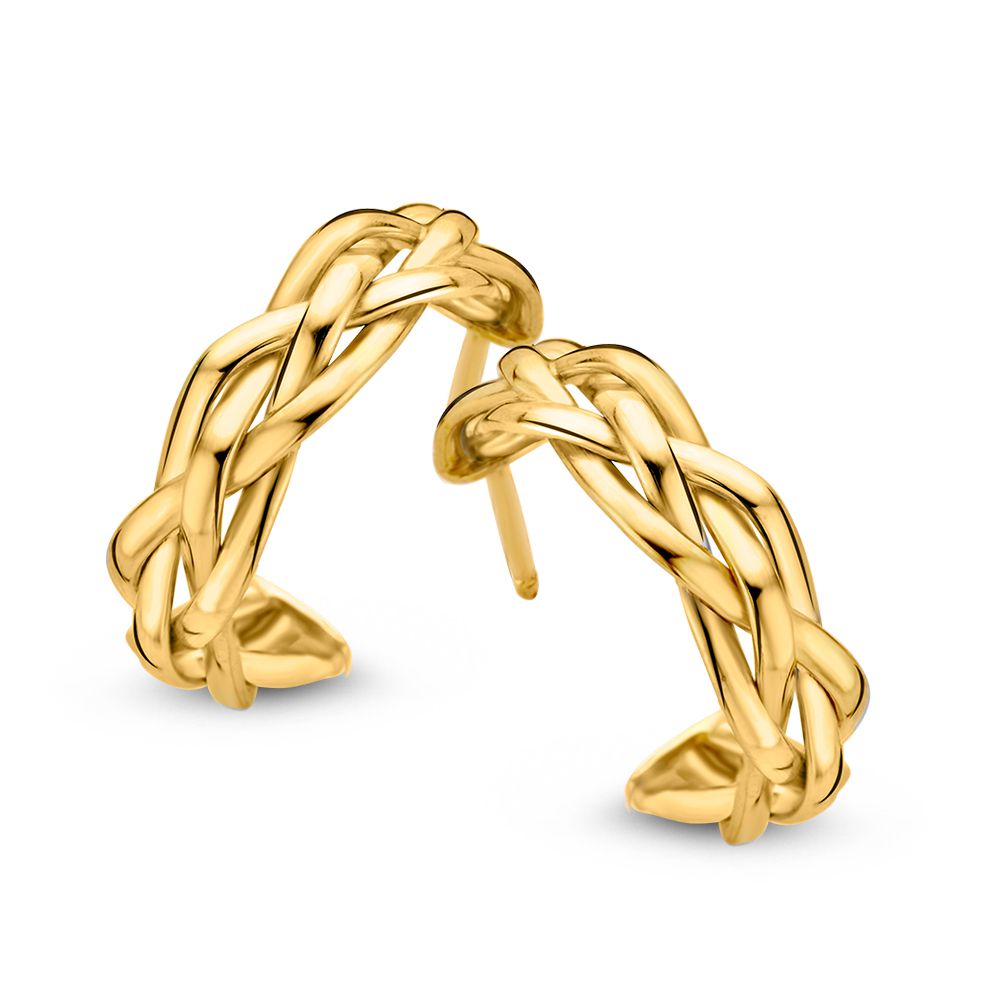 Orecchini alla creola in oro giallo 14K con design intrecciato e chiusura a perno.