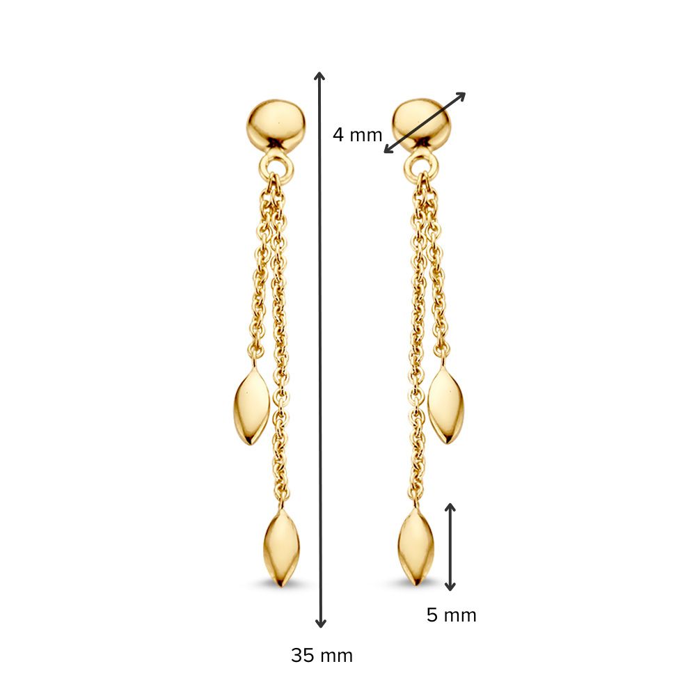 Orecchino a Perno in Oro Giallo 14K con Lunghi Pendenti ed Elementi Dorati