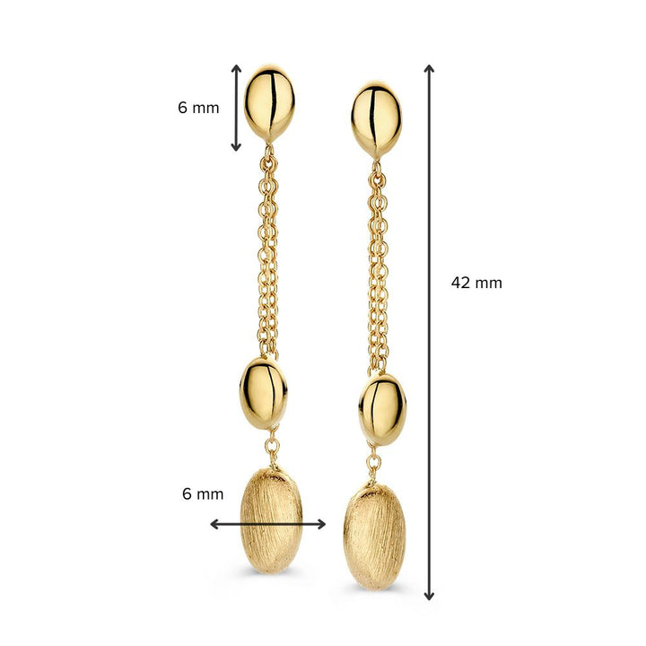 Speelse Geelgouden Oorstekers met Twee Hangende Gouden Elementen – 14 Karaat