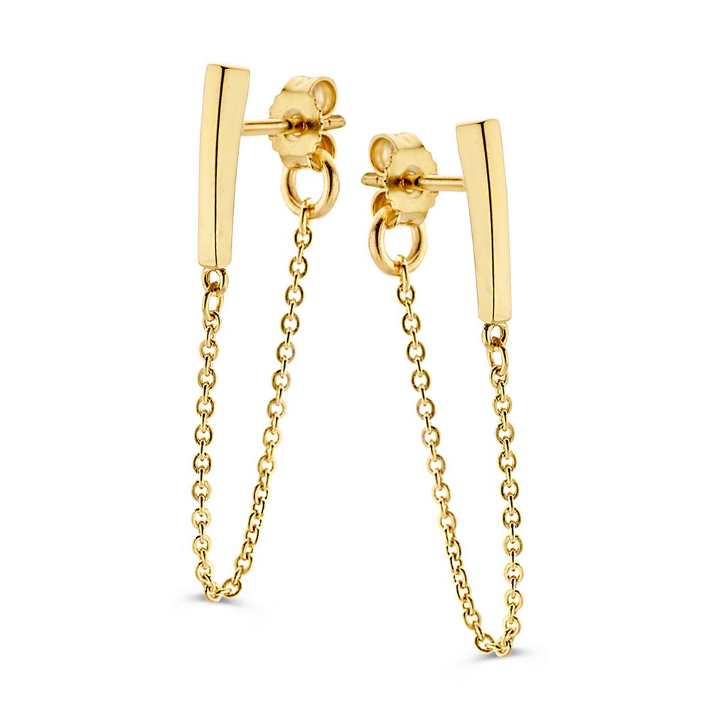 Orecchini in oro giallo 14K con zirconi e catena dorata.