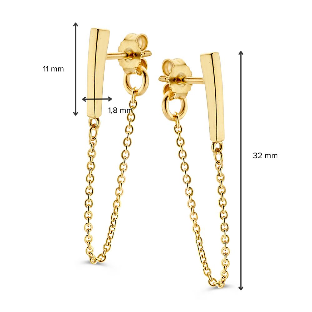 Orecchini a Perno in Oro Giallo 14K con Zirconi e Catenina d'Oro