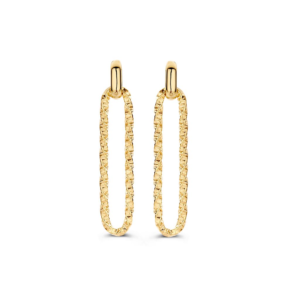 Orecchini in oro giallo 14 carati con catena a forma di paperclip lavorata.