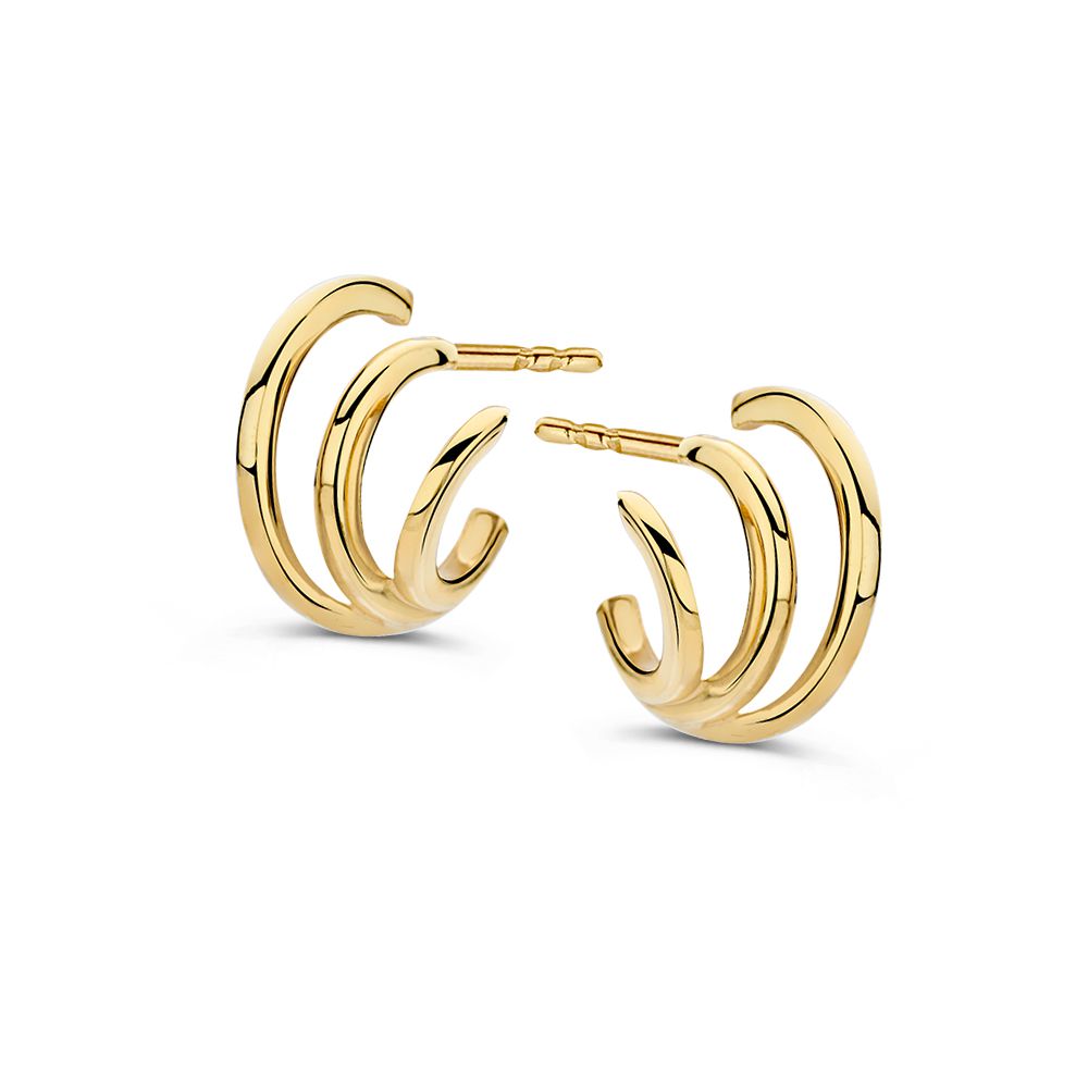 Orecchini in oro giallo 14K con design a tre anelli intrecciati.