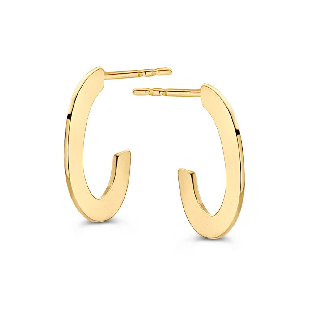 Orecchini ovali in oro giallo 14 carati con design piatto e lineare.
