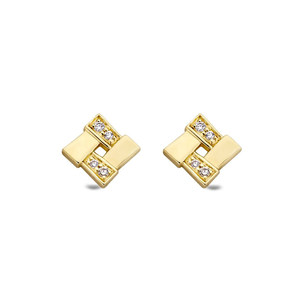Orecchini in oro giallo 14 carati con diamanti, design geometrico e finitura lucida.