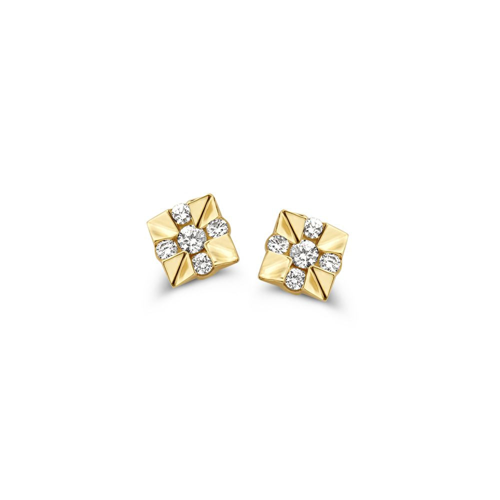 Orecchini in oro giallo 14 carati con diamanti, design a forma di quadrato con dettagli lucidi.