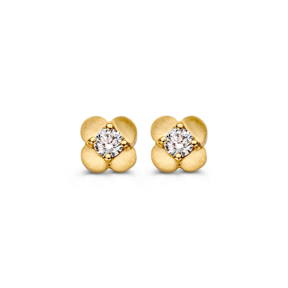 Orecchini a forma di fiore in oro giallo 14 carati con diamante centrale.