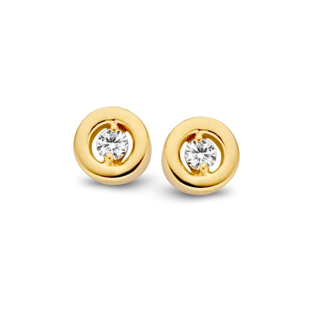 Orecchini in oro giallo 14 carati con brillante incastonato in una montatura semplice.