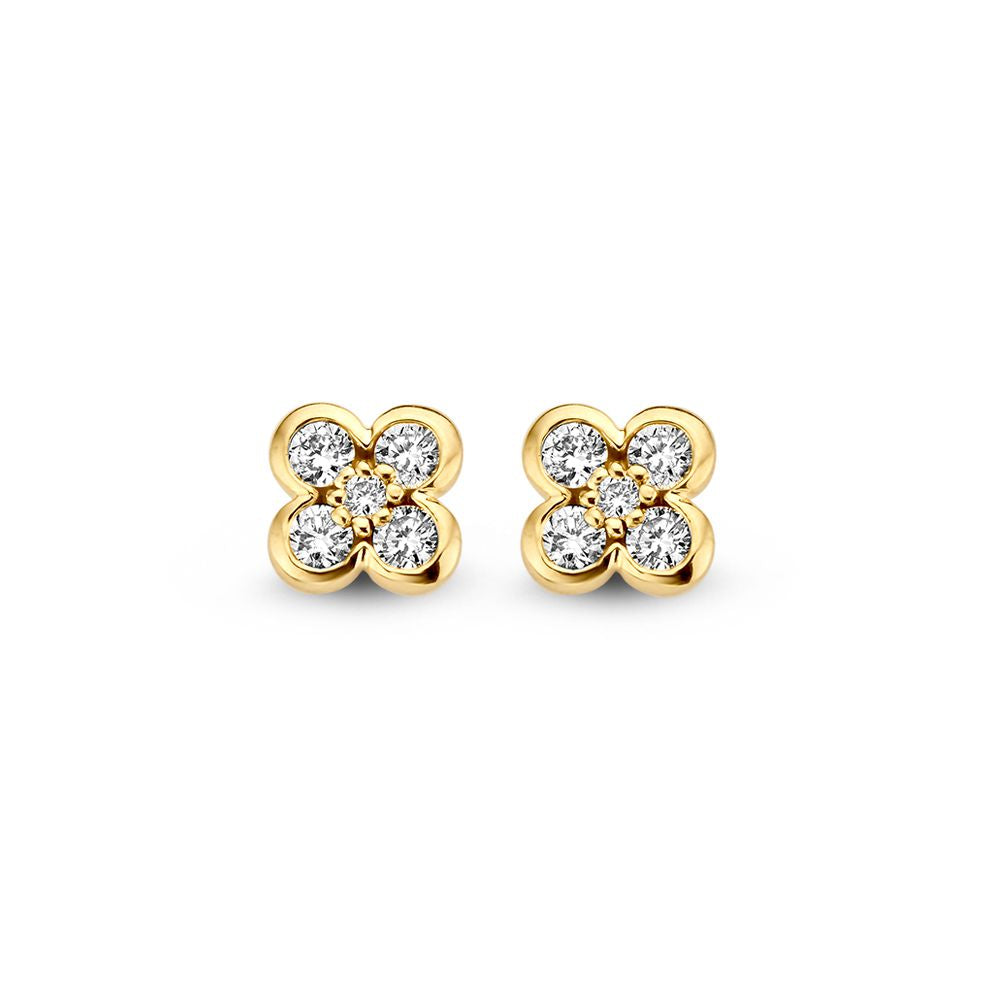 Orecchini in oro giallo con diamanti brillanti da 0,12 crt, a forma di fiore.