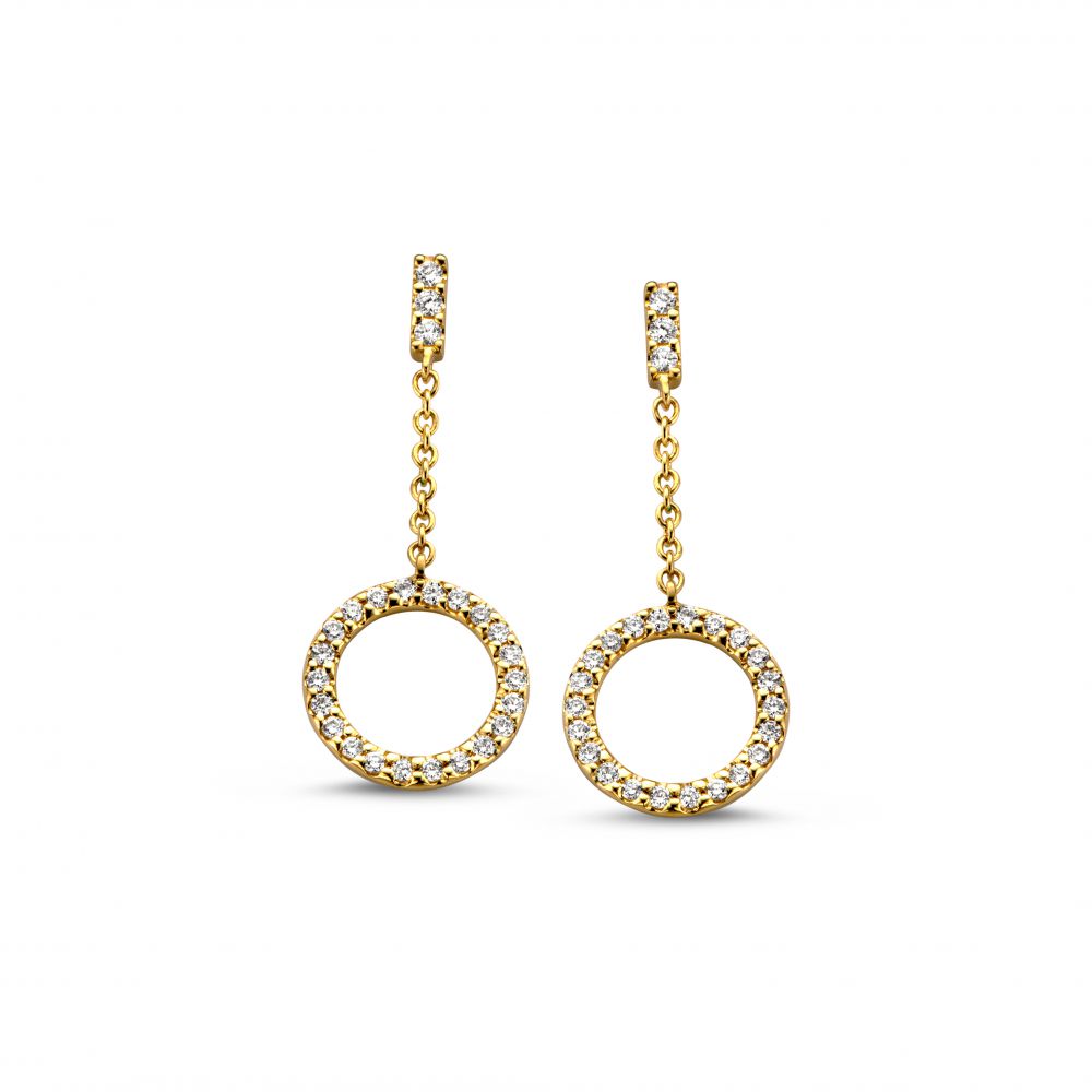 Orecchini in oro giallo con pendenti circolari decorati con diamanti da 0,12 crt.