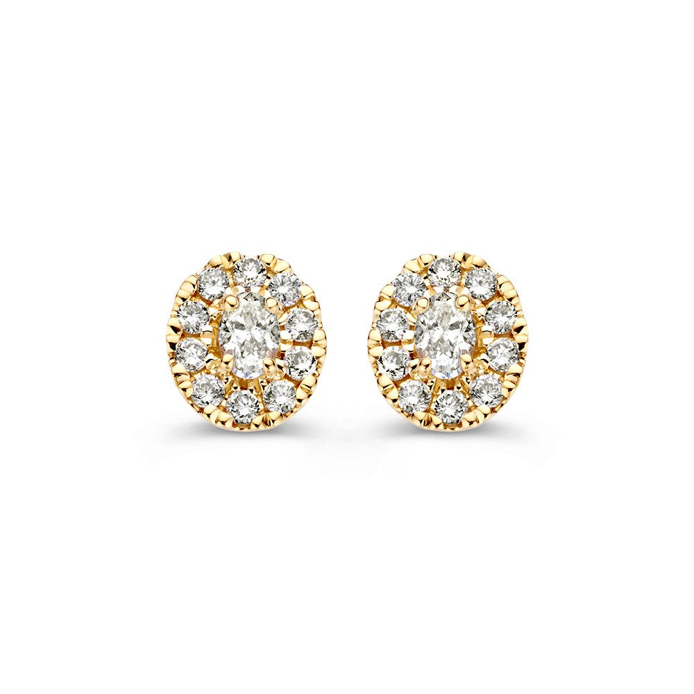 Orecchini a bottone in oro giallo 14k con diamanti e pietra centrale ovale.