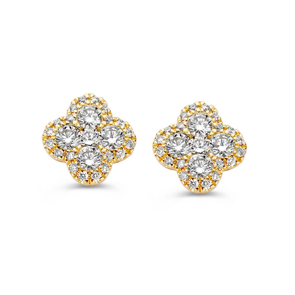 Orecchini in oro giallo con diamanti, a forma di fiore, con dettagli scintillanti.