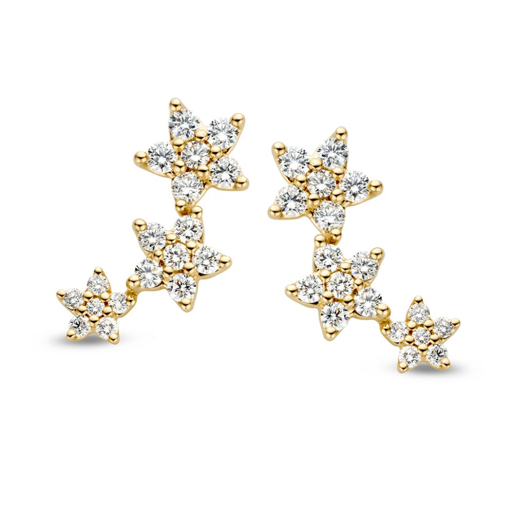 Orecchini in oro giallo con tre stelle decorate da diamanti da 1,05 crt.