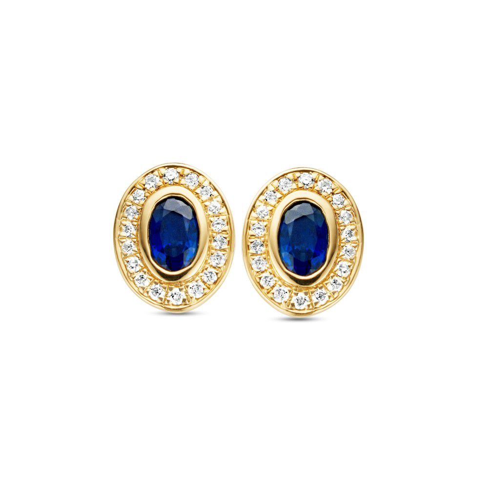 Orecchini in oro giallo con zaffiri blu ovali e diamanti, design a forma ovale.