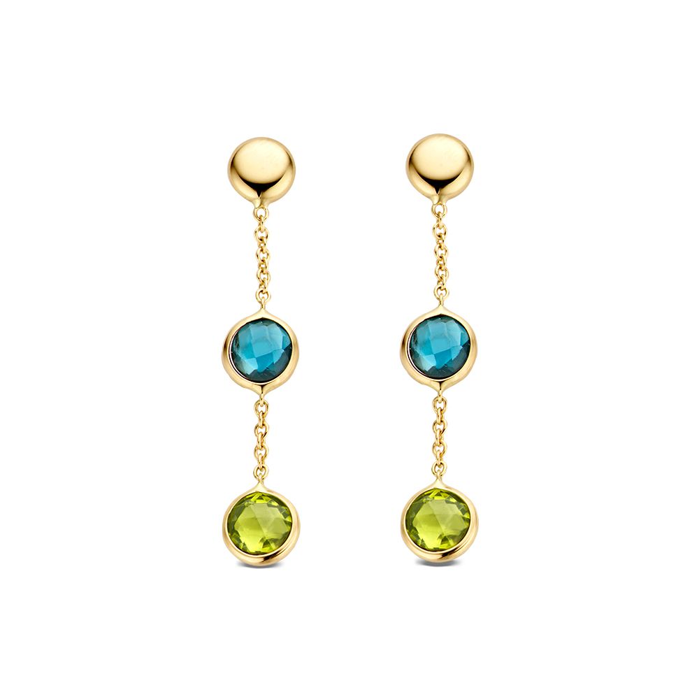 Orecchini in oro giallo con topazio blu e peridoto verde, pendenti a catena.