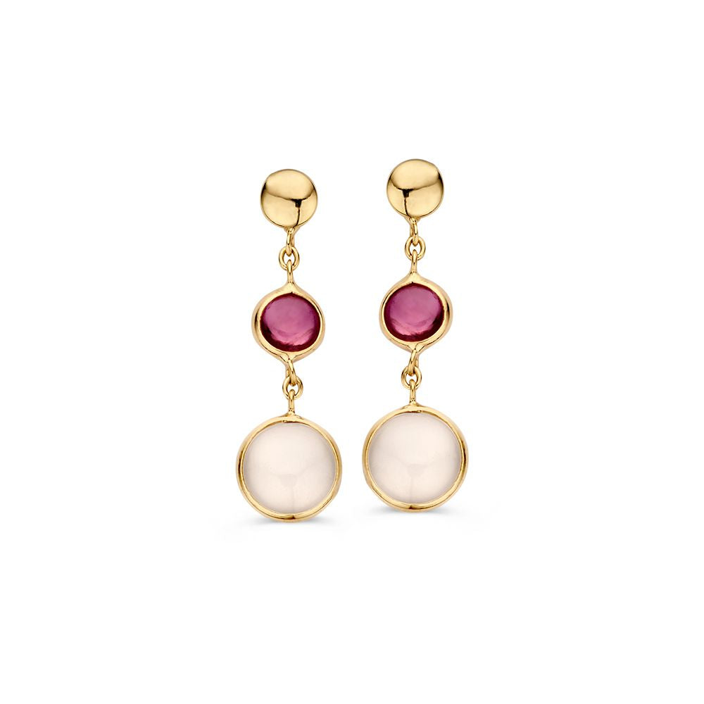 Orecchini in oro con rubino e pietra di luna, dettagli multicolori e design elegante.