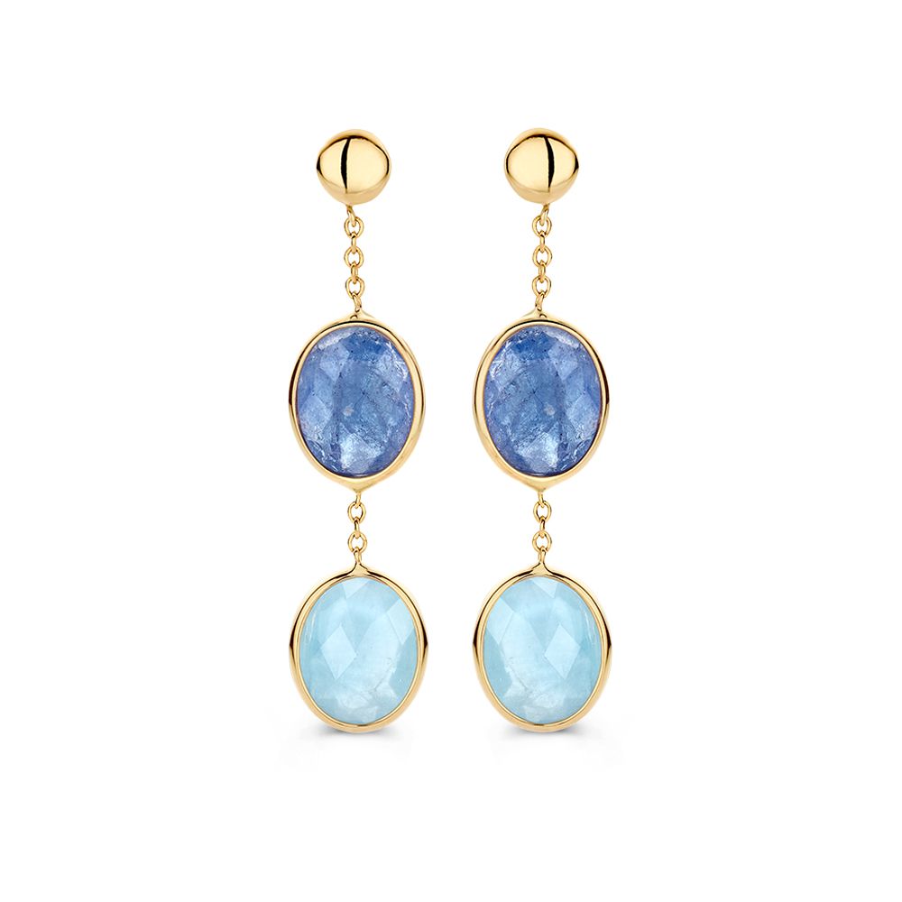 Orecchini in oro giallo con acquamarina e tanzanite, pietre preziose blu di forma ovale.