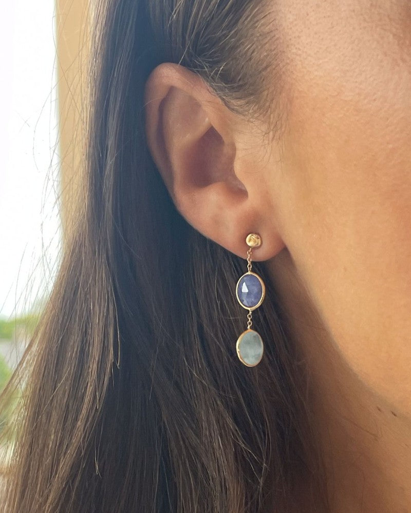 Orecchini Pendenti in Oro Giallo con Acquamarina e Tanzanite – Pietre Preziose di Lusso Color Blu