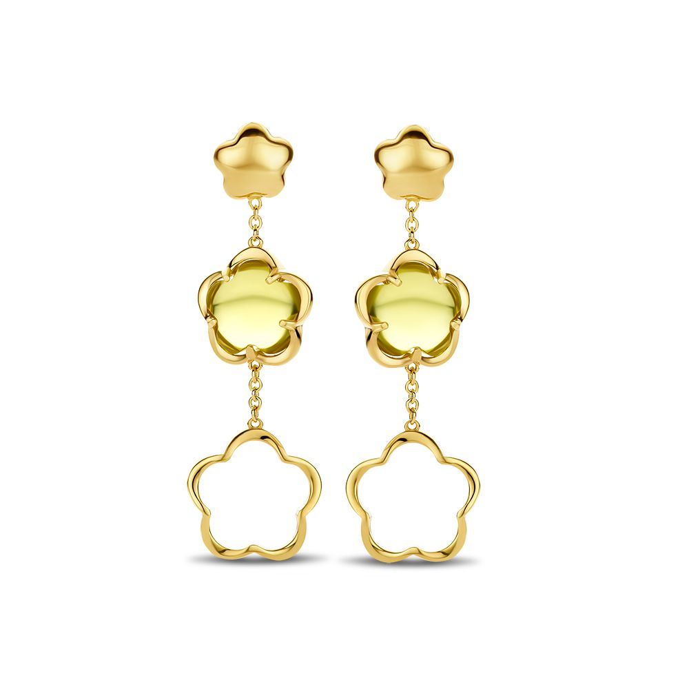 Orecchini in oro giallo con pendente a forma di fiore in quarzo verde.