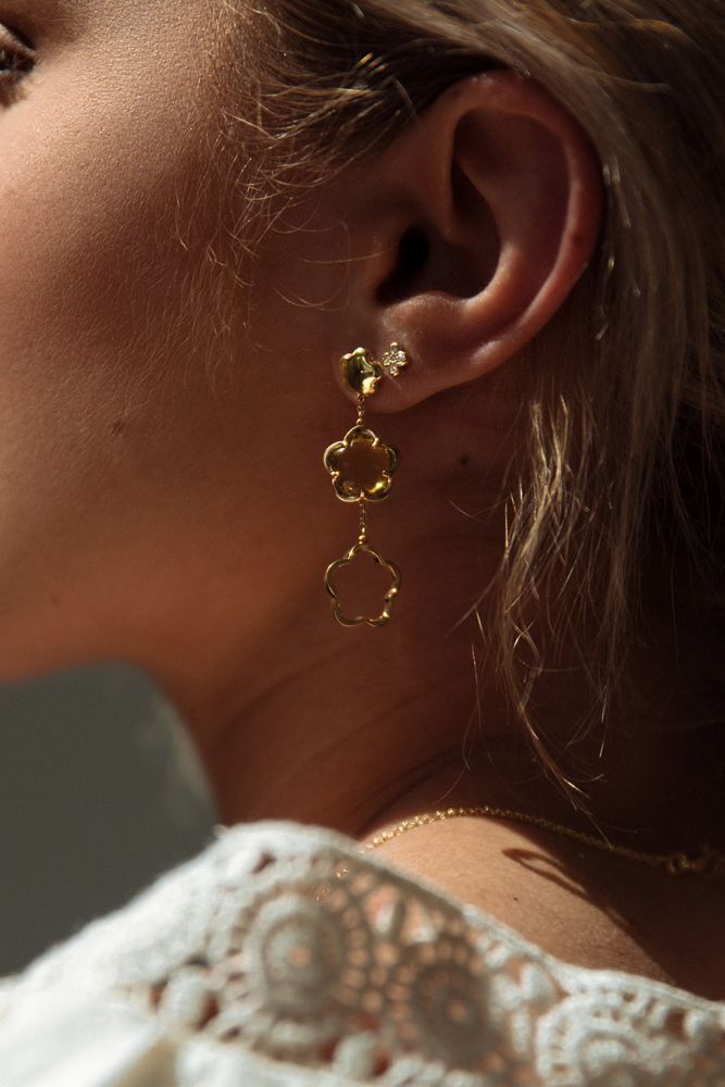 Orecchini a Bottone in Oro Giallo con Ciondolo a Fiore in Quarzo Verde – Eleganti Orecchini