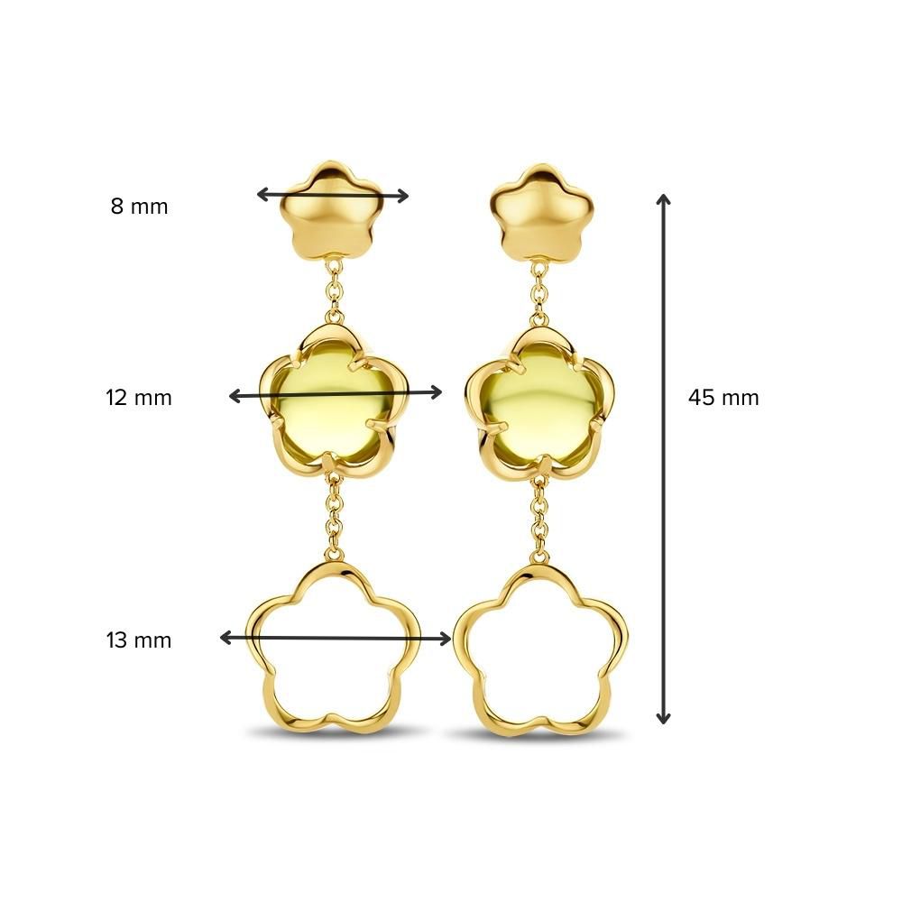 Orecchini a Bottone in Oro Giallo con Ciondolo a Fiore in Quarzo Verde – Eleganti Orecchini