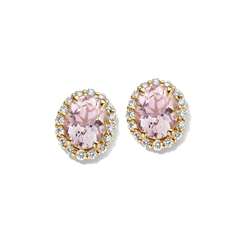 Orecchini in oro giallo con morganite e diamanti, forma ovale con incastonatura.