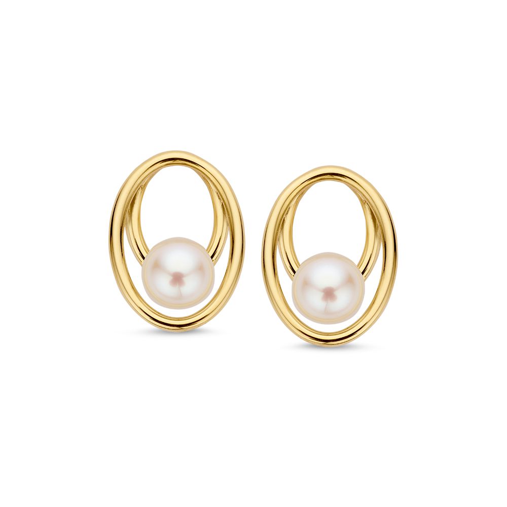 Orecchini in oro giallo 14 carati con perle in un design giocoso.
