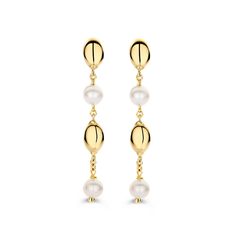 Orecchini in oro giallo 14 carati con perle e elementi dorati, design giocoso e pendente.