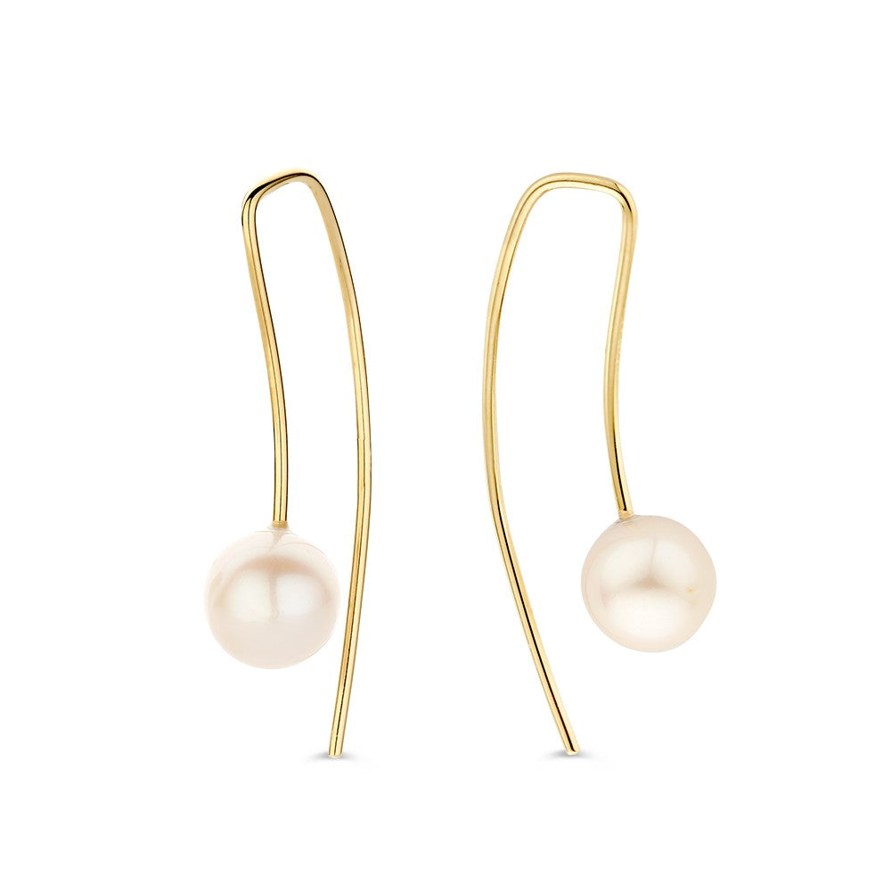 Orecchini in oro giallo 14 carati con perla, design minimalista e lineare.