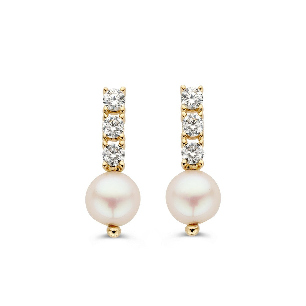Orecchini in oro giallo 14 carati con zirconi e perle, design elegante con perle tonde.