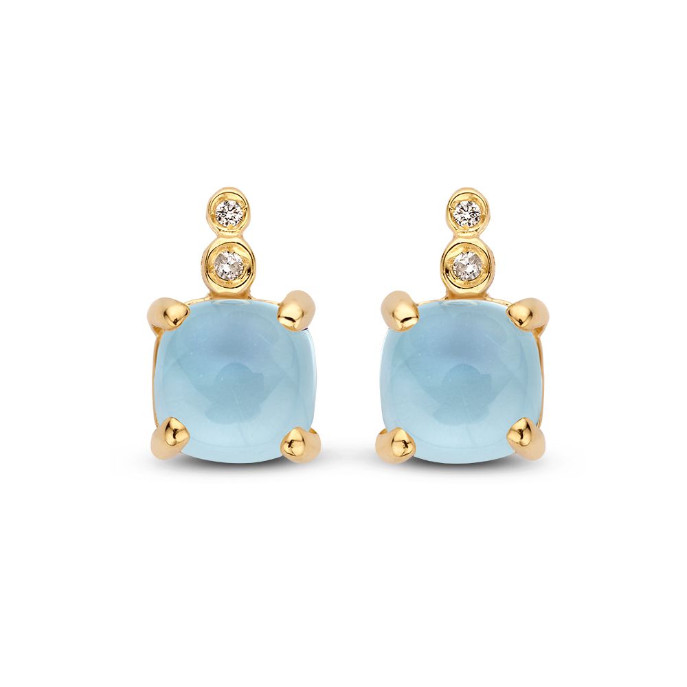 Orecchini in oro giallo 14 carati con topazio blu cabochon e diamanti.