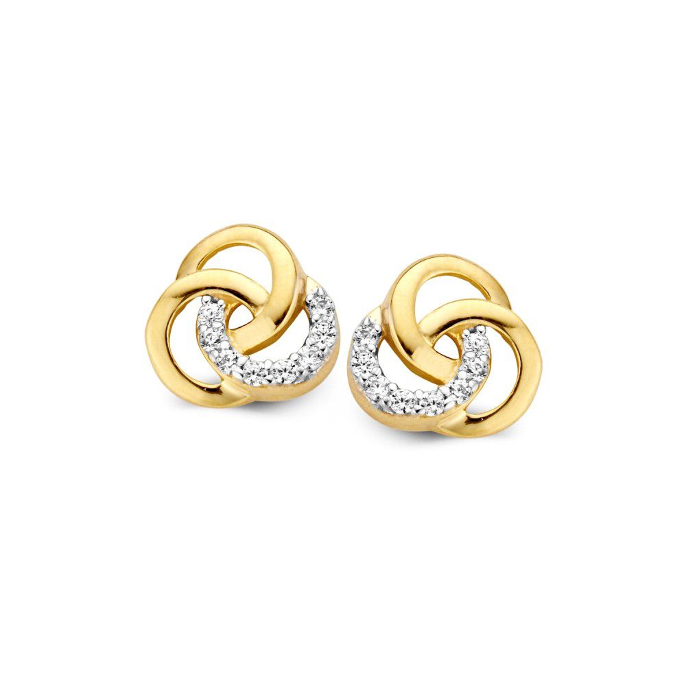 Orecchini in oro giallo 14 carati con zircone, design elegante e forme intrecciate.