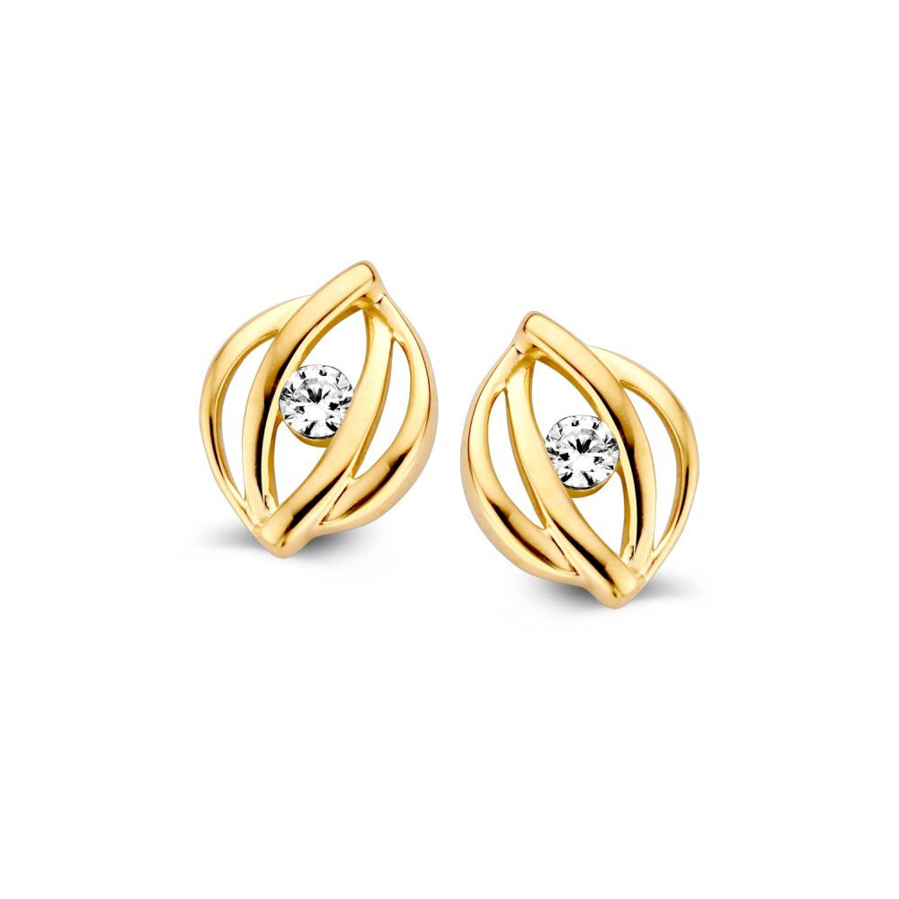 Orecchini in oro giallo 14 carati con zircone, design elegante a forma di foglia.