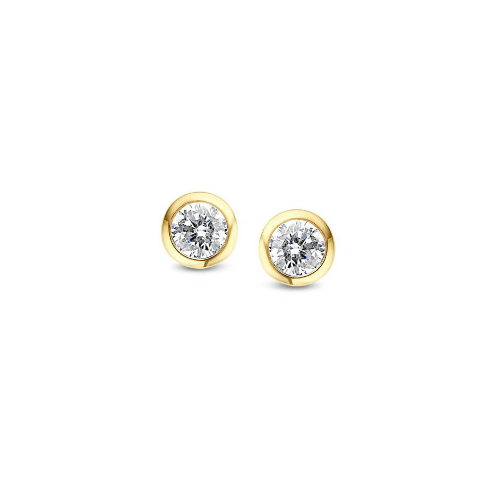 Orecchini in oro giallo 14 carati con zirconi bianchi, design rotondo.