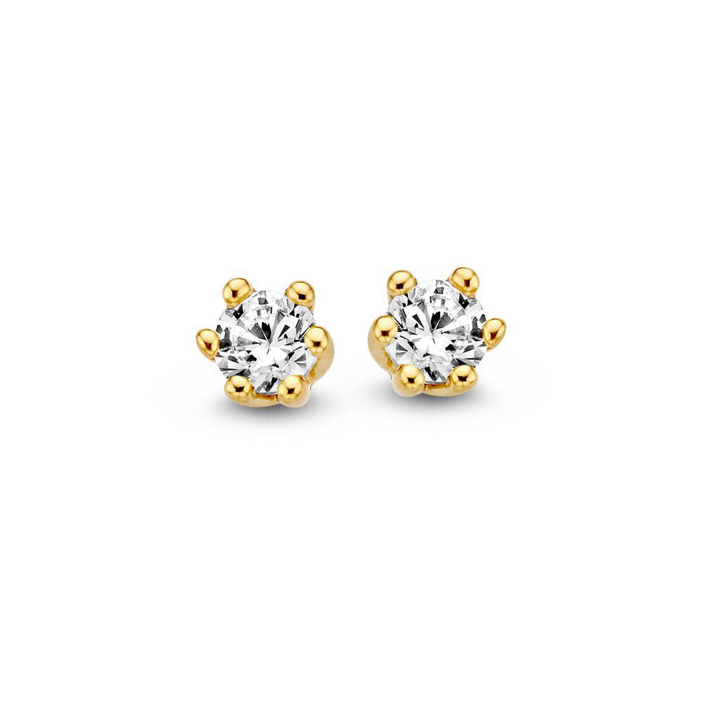 Orecchini in oro giallo 14 carati con zirconi, design a forma di fiore con dettagli rotondi.