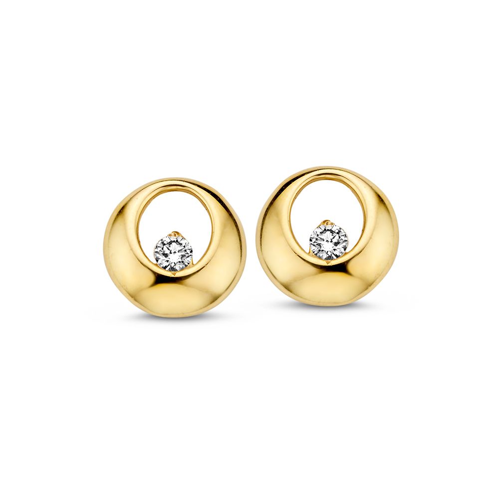 Orecchini in oro giallo 14 carati con zircone, forma rotonda e design sottile.