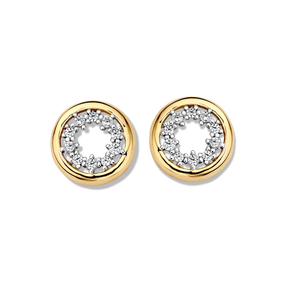 Orecchini in oro giallo 14 carati con zirconi, design circolare e classico.