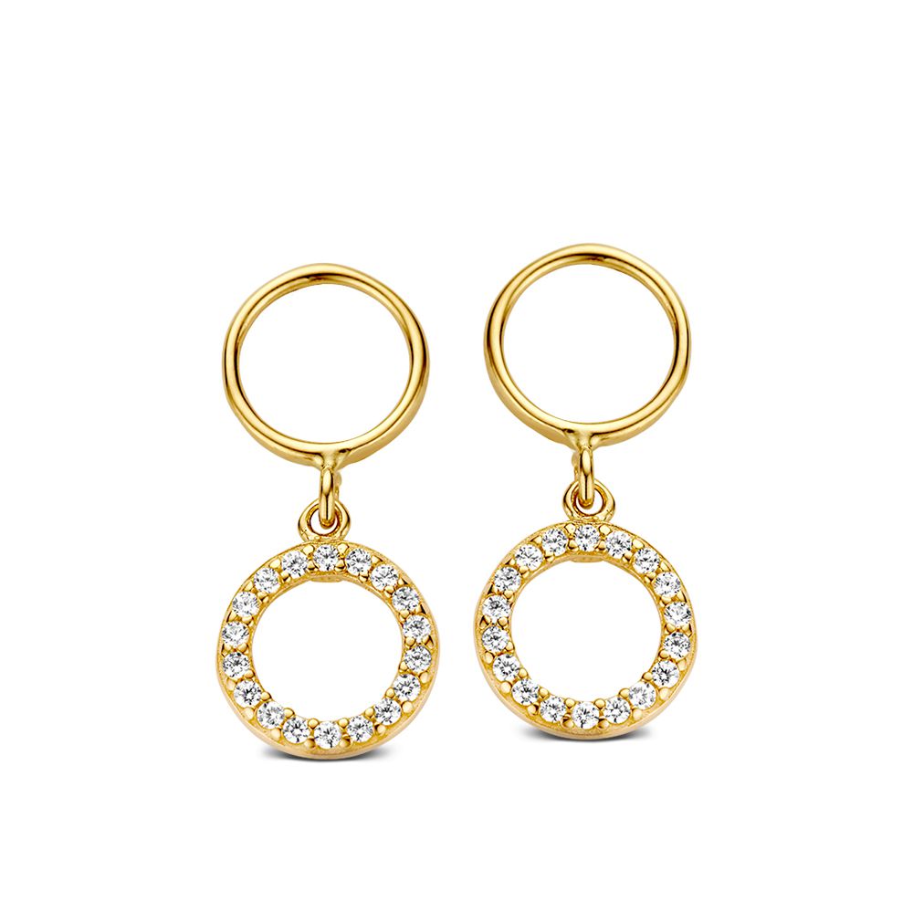 Orecchini in oro giallo 14 carati con zirconi, forma circolare e pendente.