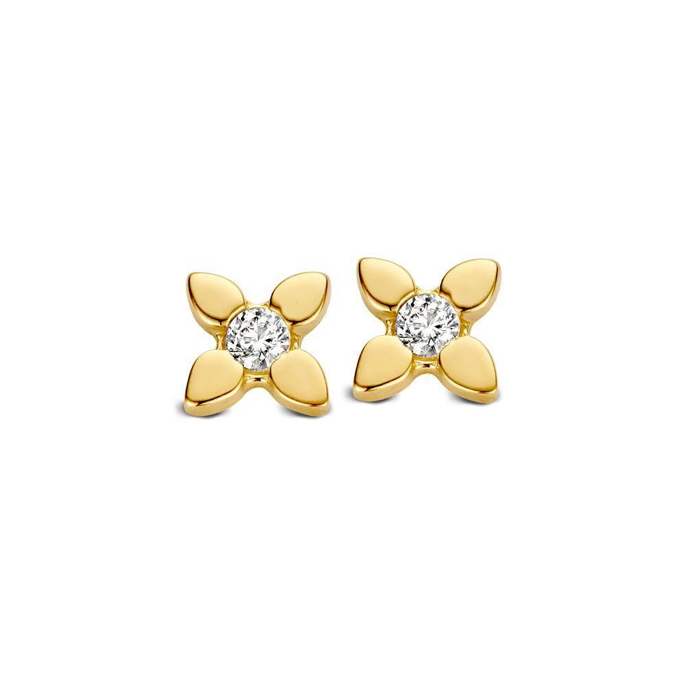 Orecchini in oro giallo 14 carati con zirconi, design sottile a forma di fiore.