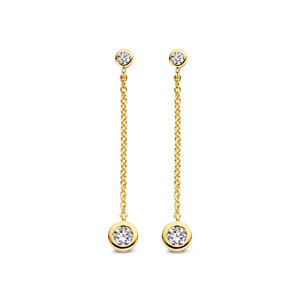 Orecchini pendenti in oro giallo con zirconi, design elegante e raffinato.