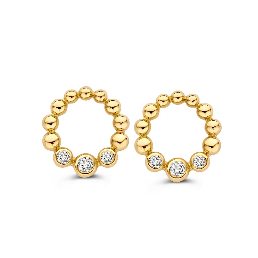 Orecchini in oro giallo 14 carati con zirconi, design giocoso e forma rotonda.