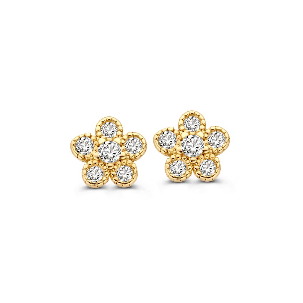 Orecchini in oro giallo con zirconi, a forma di fiore, con dettagli incastonati.