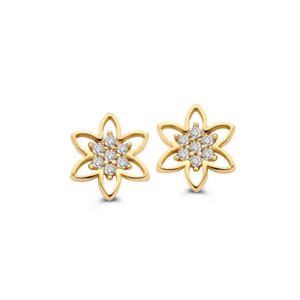 Orecchini in oro giallo 14 carati a forma di fiore con zirconi.