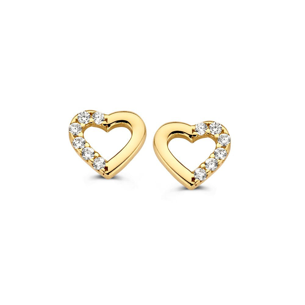 Orecchini in oro giallo a forma di cuore con zirconi.