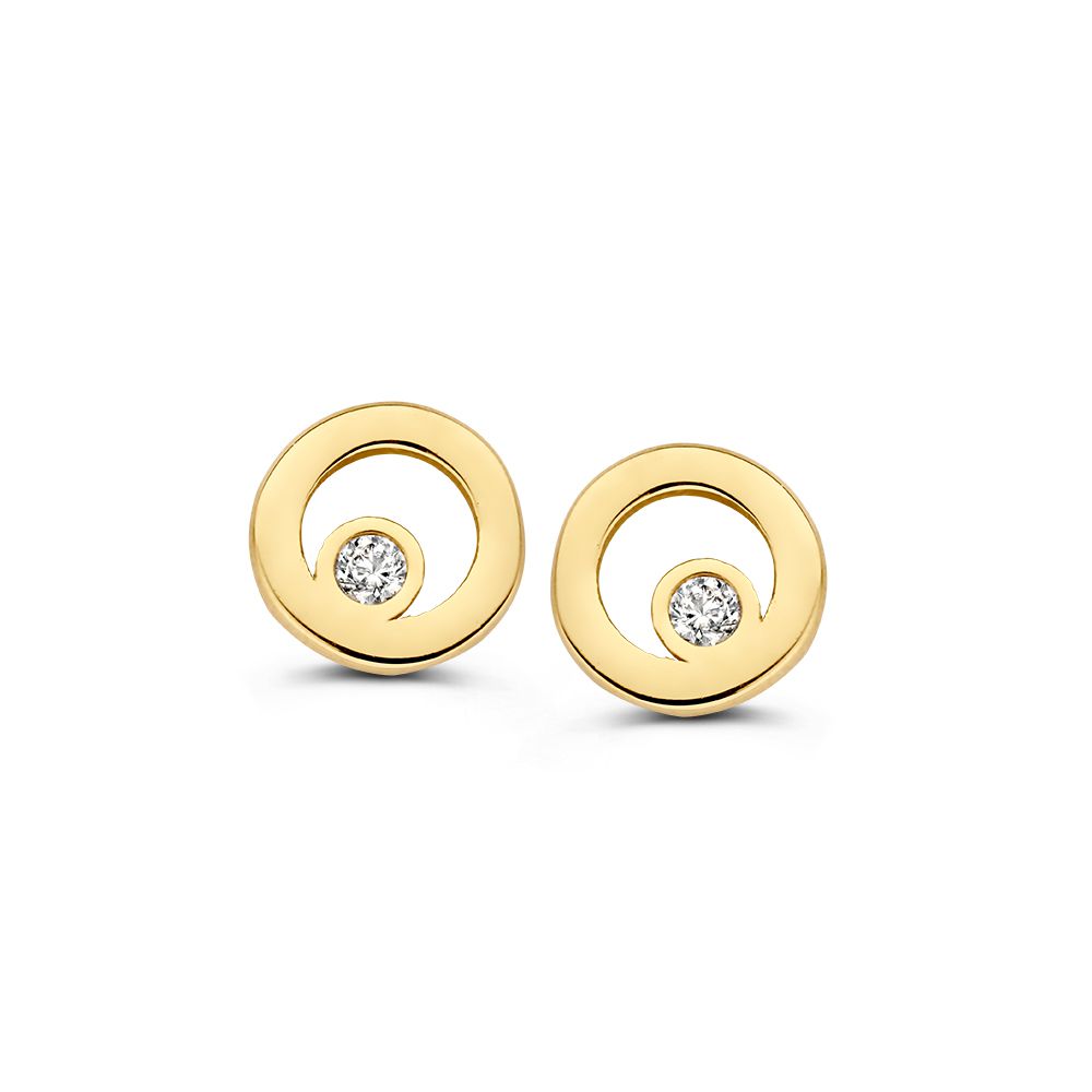 Orecchini in oro giallo 14 carati con zircone, design circolare con dettagli lucidi.