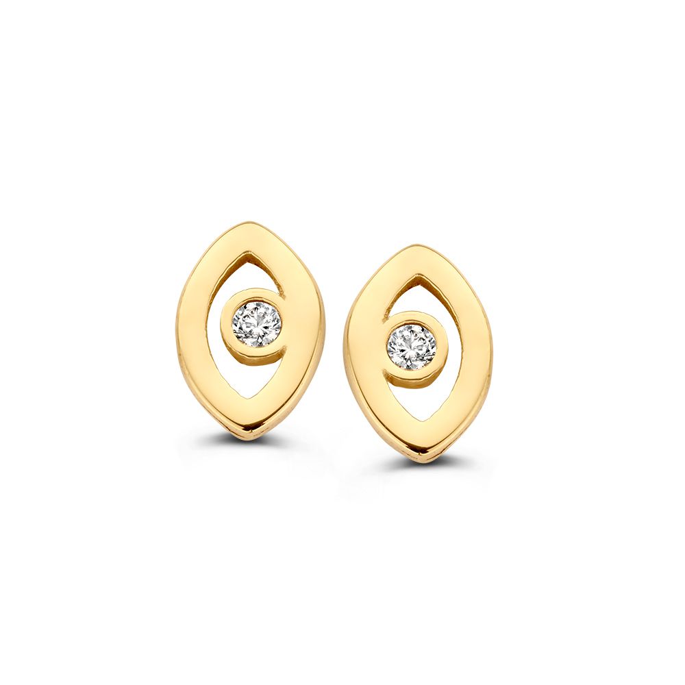 Orecchini in oro giallo 14 carati con zircone, forma ovale con dettagli aperti.
